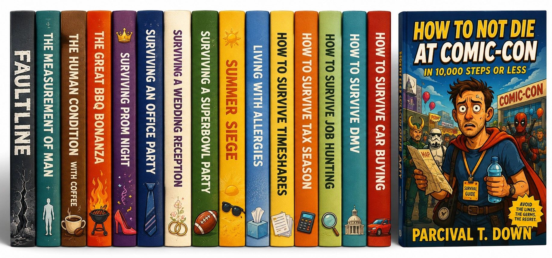 A humorous collection of survival guide books for everyday challenges and Comic-Con.