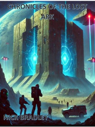soldiers and vehicles approaching a massive glowing structure on alien planet with spaceships above