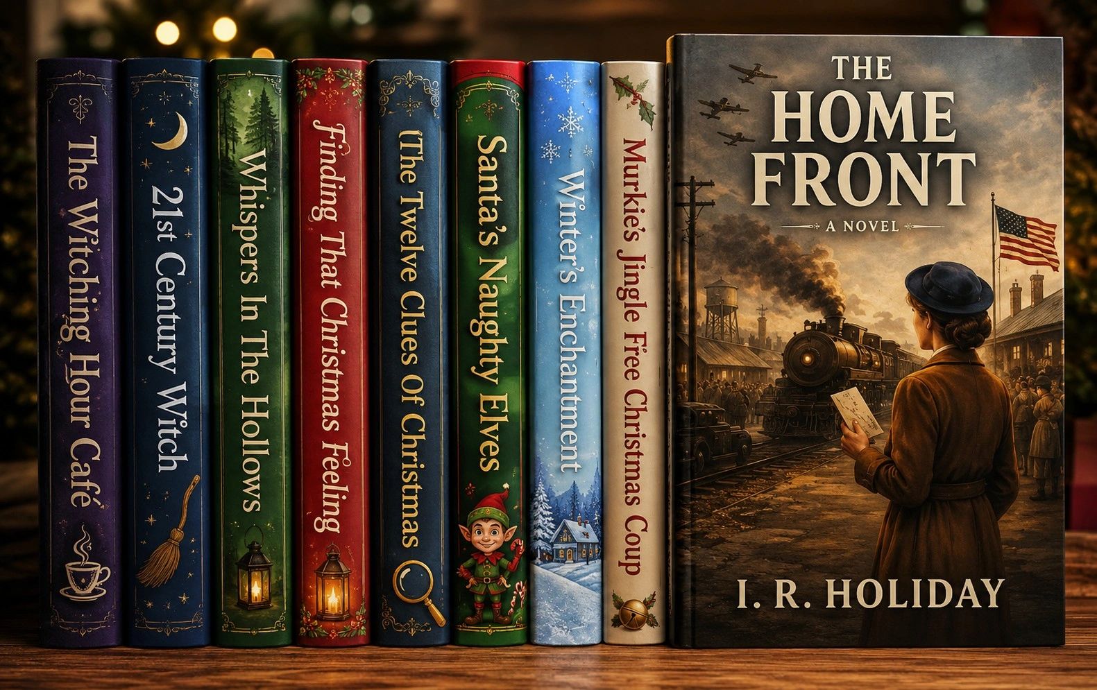 A collection of Christmas and holiday-themed books with festive covers.