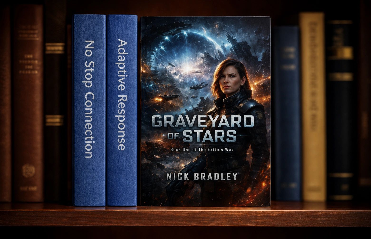 Sci-fi book "Graveyard of Stars" by Nick Bradley on a shelf with other books.