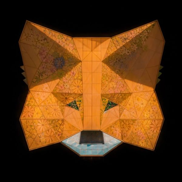 Geometric cat face artwork with floral patterns illuminated against a black background.
