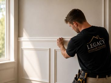 Craftsman installing decorative molding on an interior wall.
