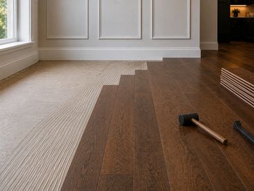 Wooden floor being installed in a room with tools nearby.