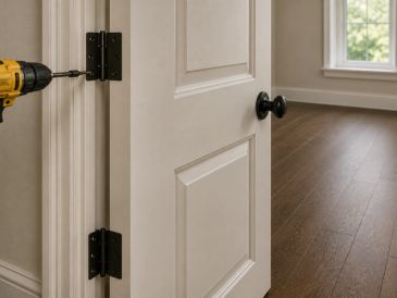 Power drill installing black hinges on a white door in a room with wooden flooring.