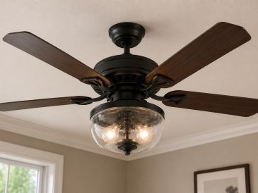 Ceiling fan with dark wooden blades and a glass light fixture.