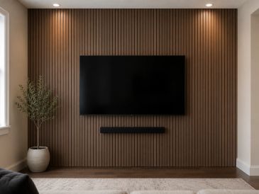 Modern living room with a mounted flat-screen TV and soundbar on a wood-paneled wall.