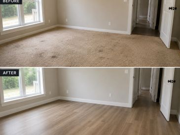 Room transformation from stained carpet to sleek wooden flooring.