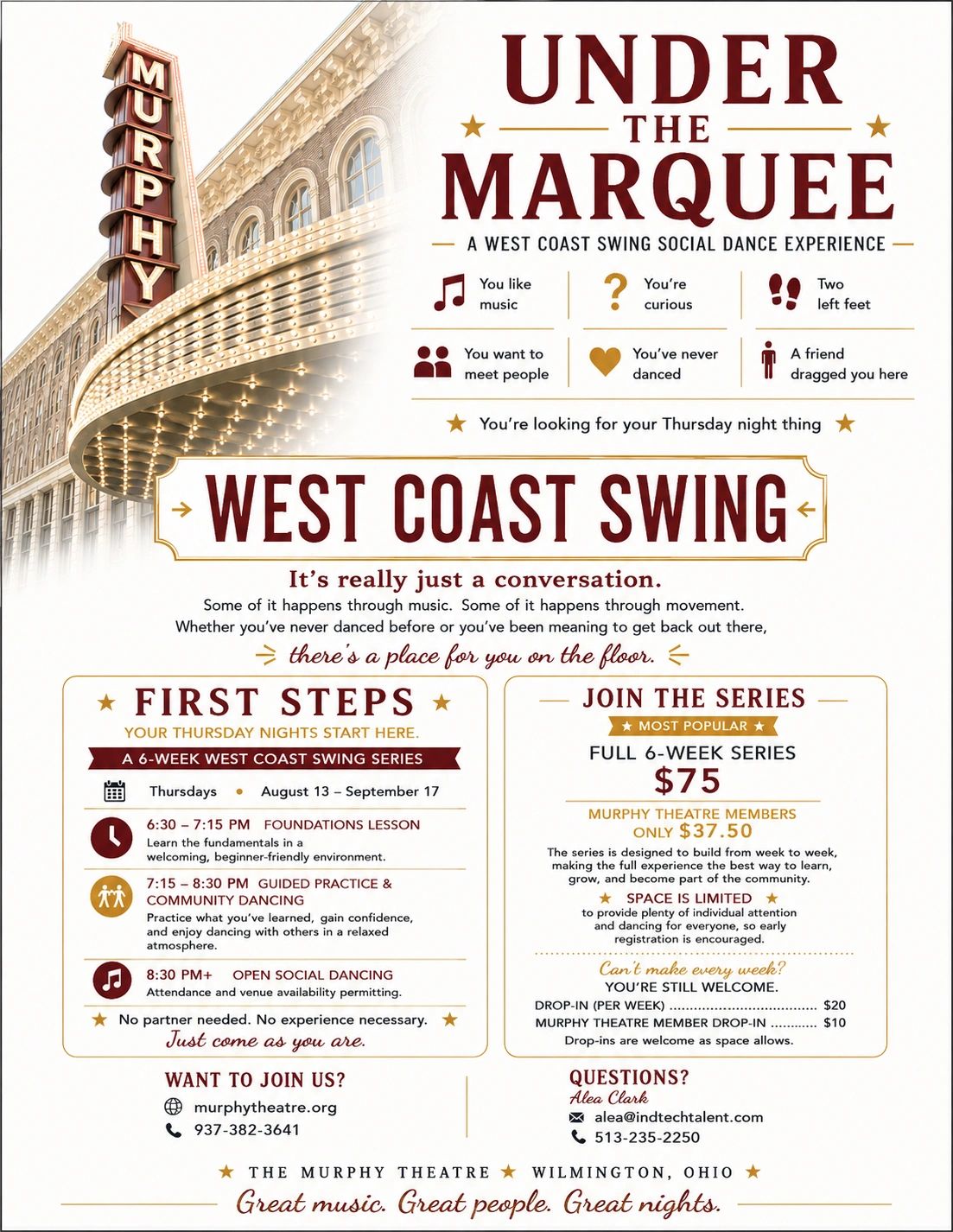 Flyer for West Coast Swing dance series at Murphy Theatre in Wilmington, Ohio.