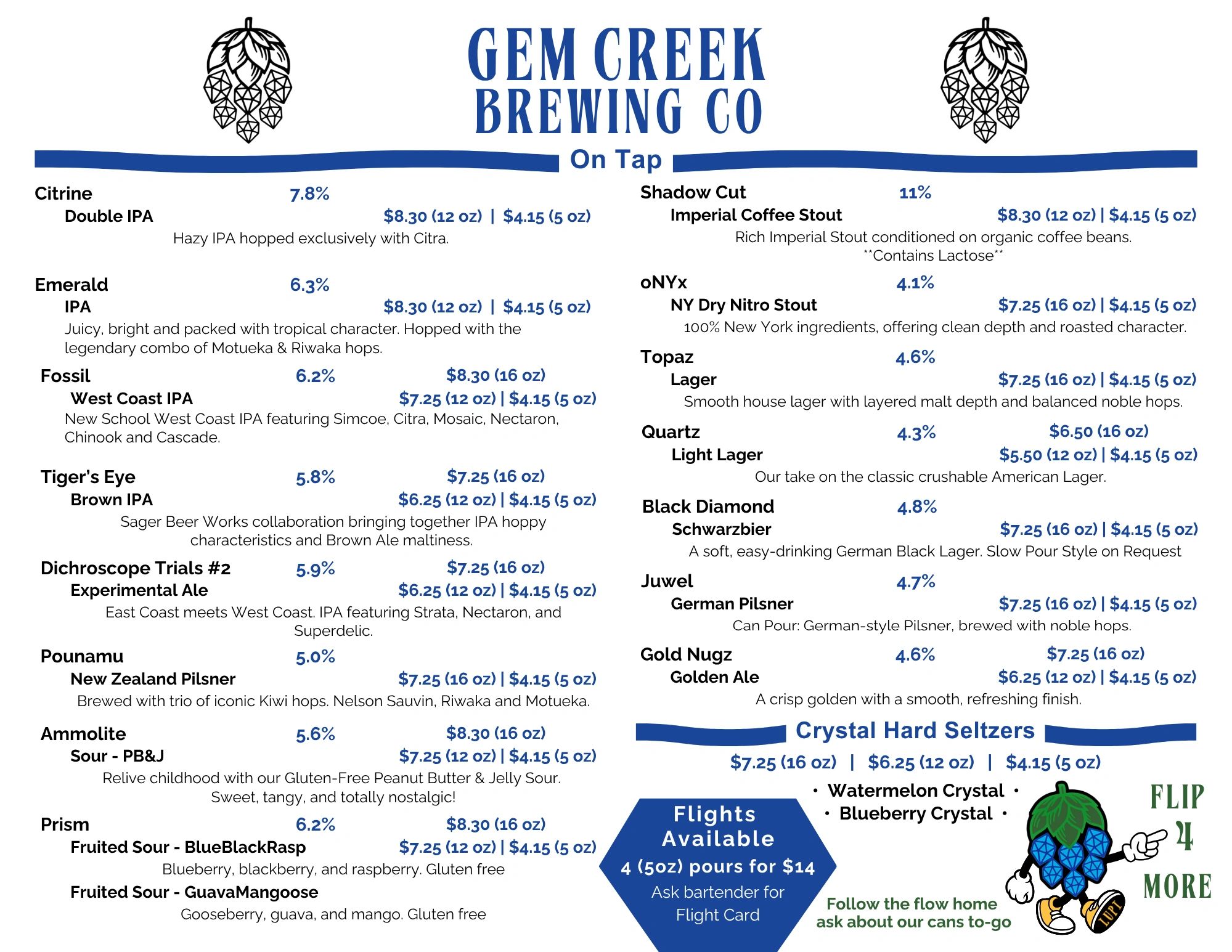 Gem Creek Brewing Co. tap list with various IPA, stouts, lagers, and seltzers.