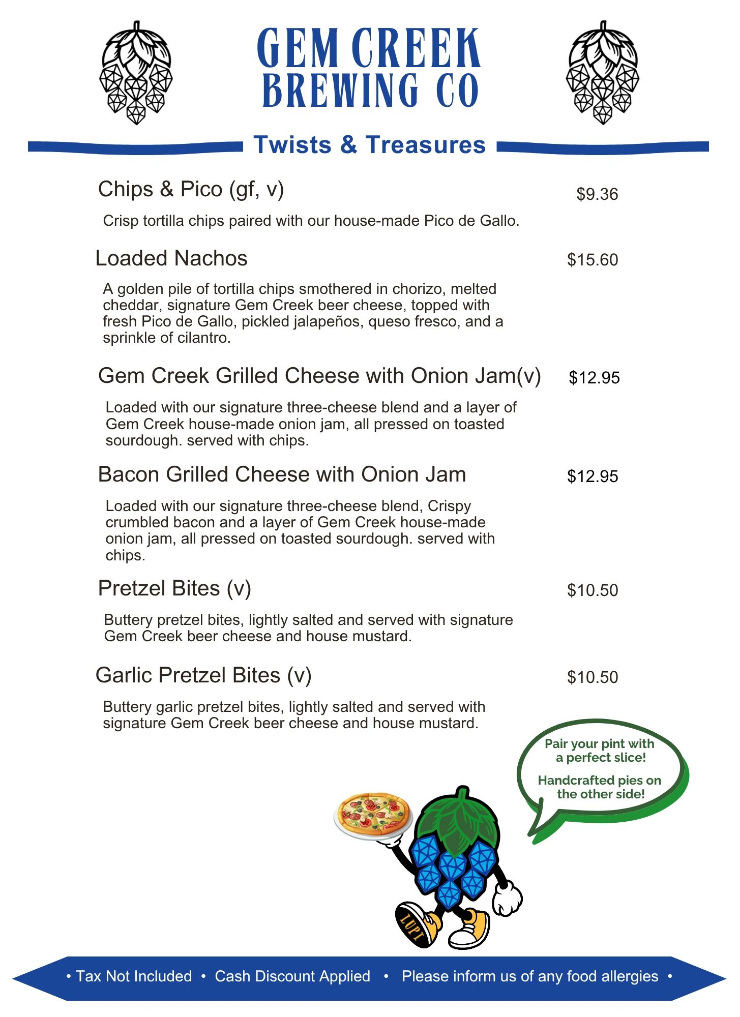 Gem Creek Brewing Co menu featuring snacks like nachos, grilled cheese, and pretzel bites with prices.