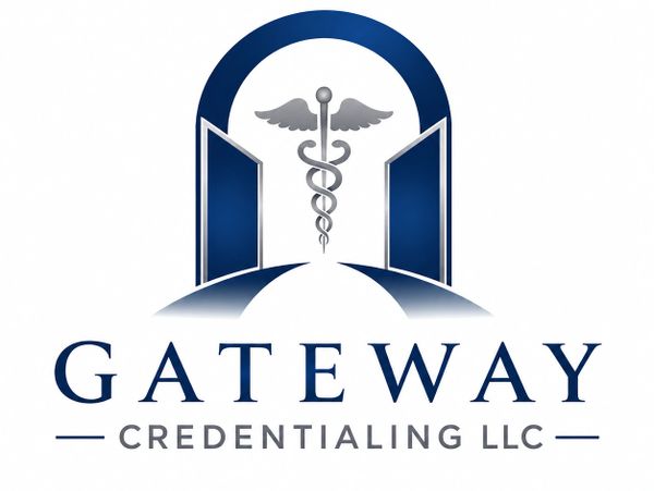 Logo of Gateway Credentialing LLC with medical symbol and open gate design.