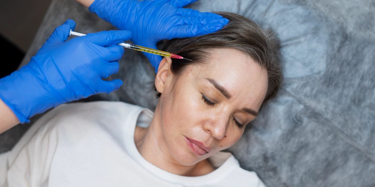 Woman receiving an injection near her ear from a gloved medical professional.