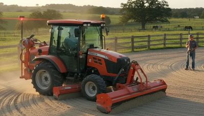 Tractor grooming a sandy arena with a man nearby in a rural setting.