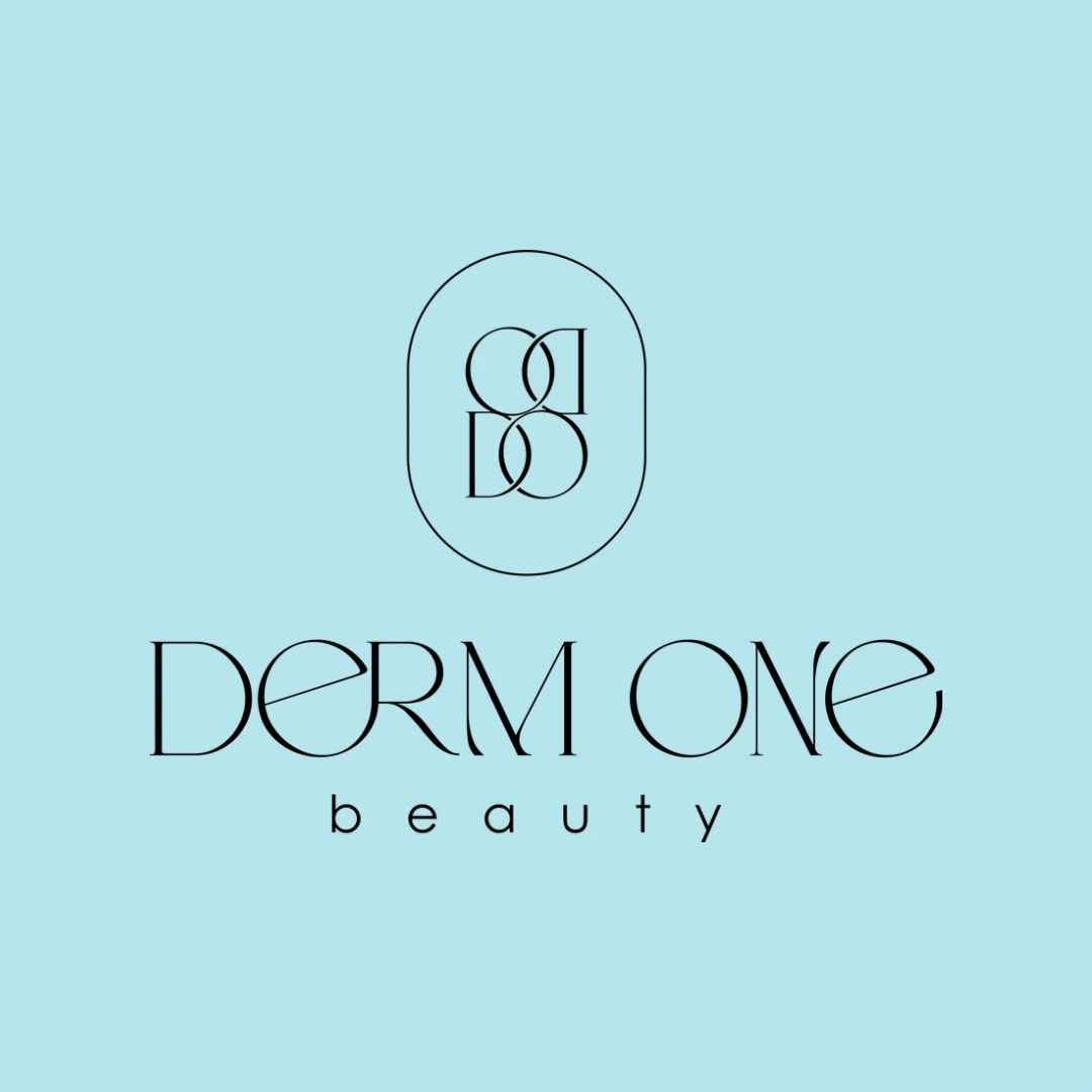 Elegant logo for Derm One Beauty on a light blue background.