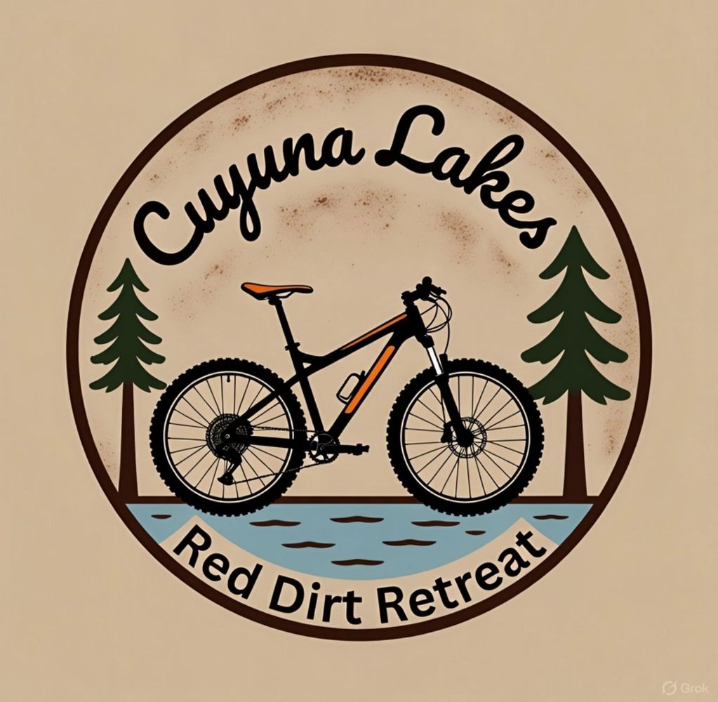 Logo of Cuyuna Lakes Red Dirt Retreat with a mountain bike and pine trees. Located in Crosby Minnesota. It is a short term rental vacation rental home. 
