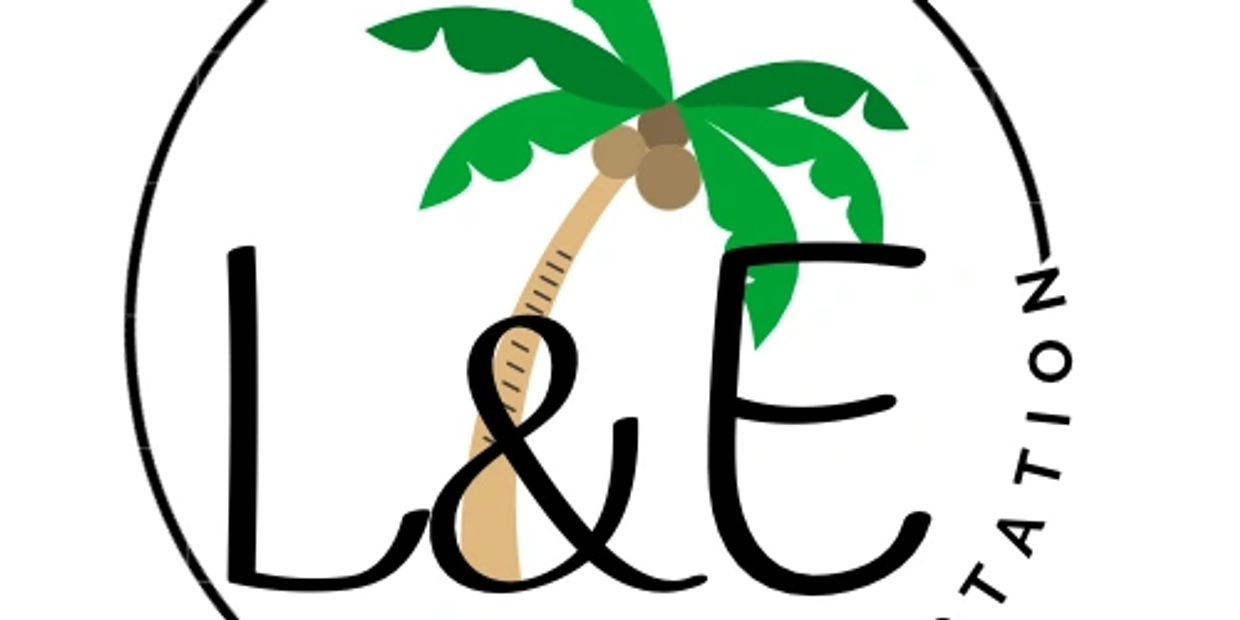 Logo with letters L&amp;E and a palm tree inside a circle.