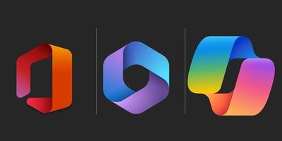 Three colorful, modern, ribbon-like abstract logos on a dark background.