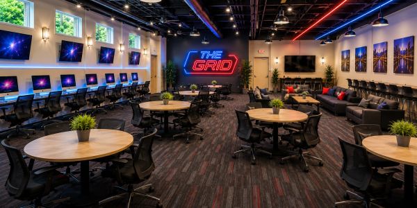 Modern gaming lounge with multiple computers and neon sign.
