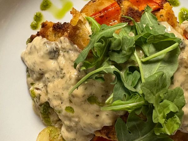 Close-up of a gourmet dish with creamy sauce and fresh greens.