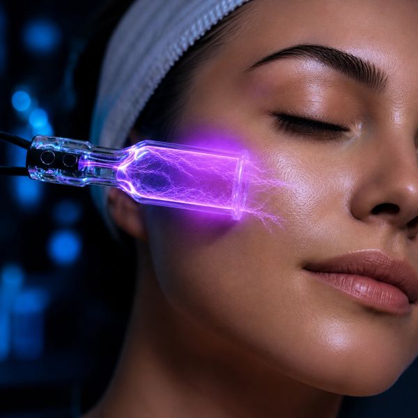 Luxury close up of a woman receiving a futuristic dual plasma facial treatment with glowing violet e
