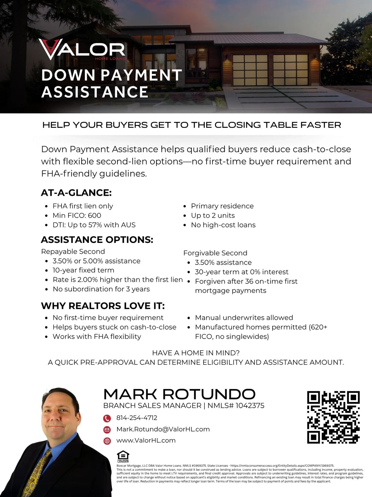 Valor Home Loans Down Payment Assistance details and contact information.