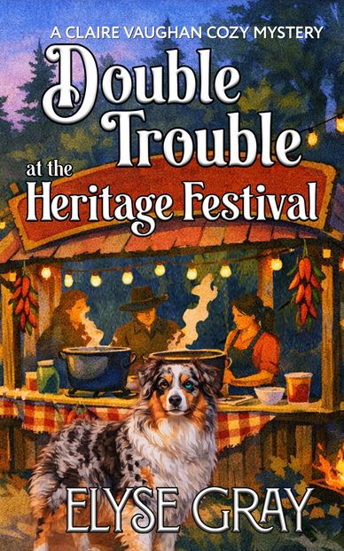Cozy mystery book cover featuring a dog and a festive food stall at twilight.