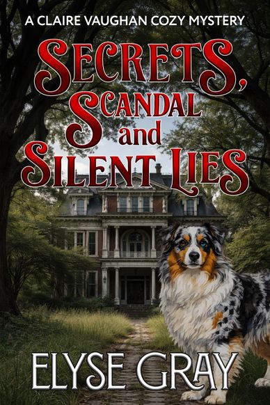 Cozy mystery book cover featuring a mansion and a dog.