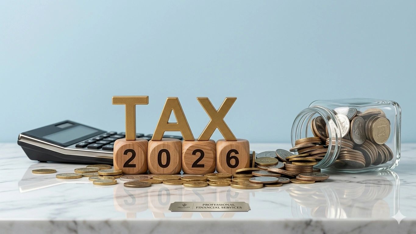 Wooden blocks spelling TAX 2026 with coins and calculator on marble surface.