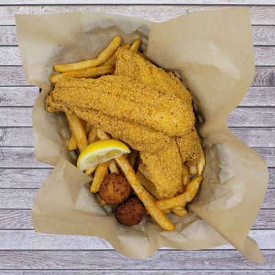 Fried catfish with fries and hush puppies.