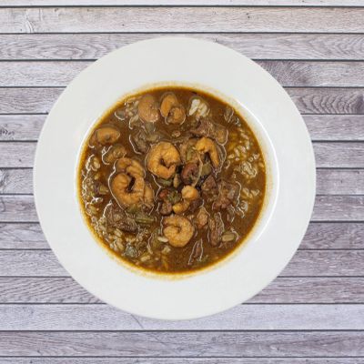 Bowl of Seafood Gumbo with Shrimp, Crawfish Tails, Sausage and Okra.