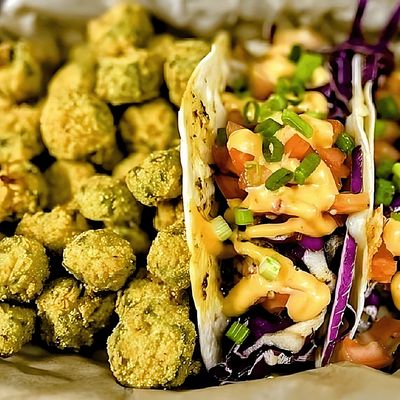 Tacos with creamy sauce and fried okra.
