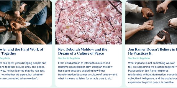 Collage of teamwork, cherry blossoms, and unity images in article excerpts.
