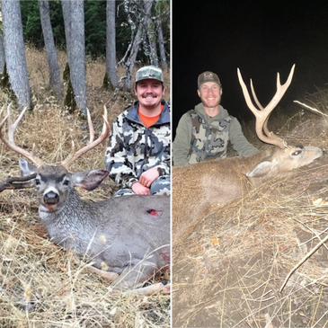 Two hunters posing with their large deer trophies in different settings.