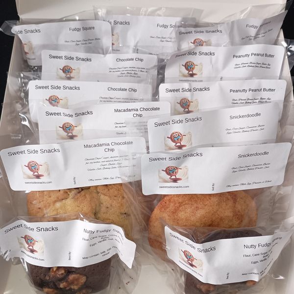 Assorted Sweet Side Snacks cookies in clear packaging with labels.