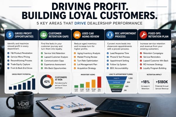 Infographic showing 5 key areas driving dealership profit and customer loyalty.
