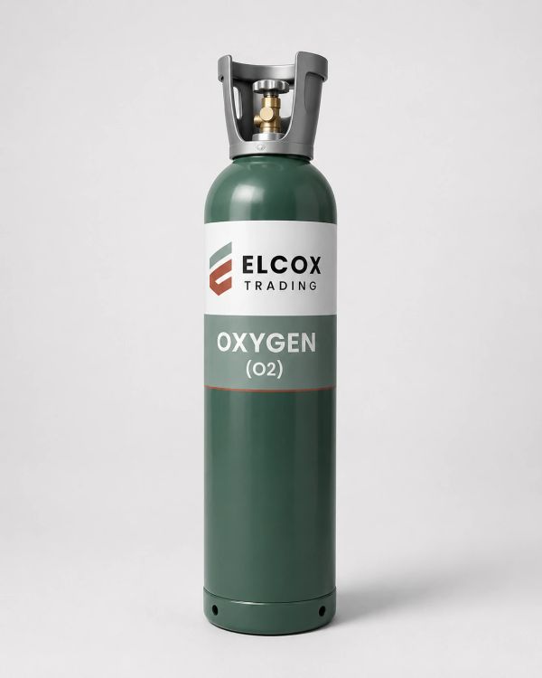 Green oxygen gas cylinder labeled Elcox Trading.