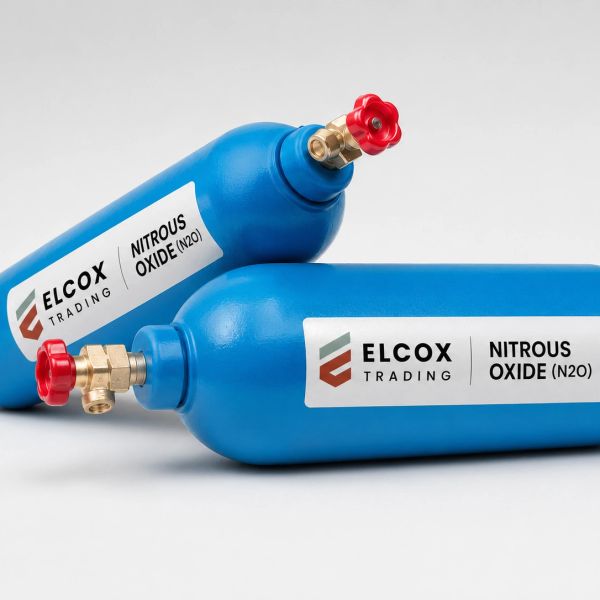 Two blue nitrous oxide canisters with red valves.