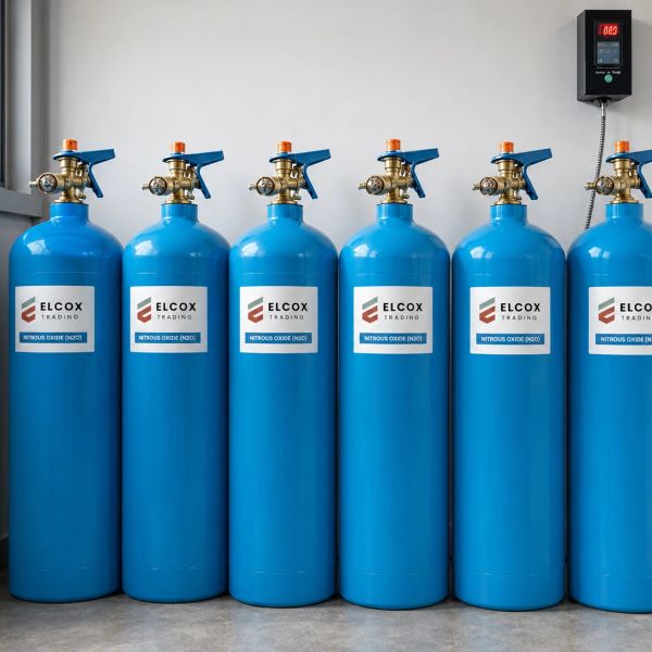 Row of blue nitrous oxide gas cylinders with valves.