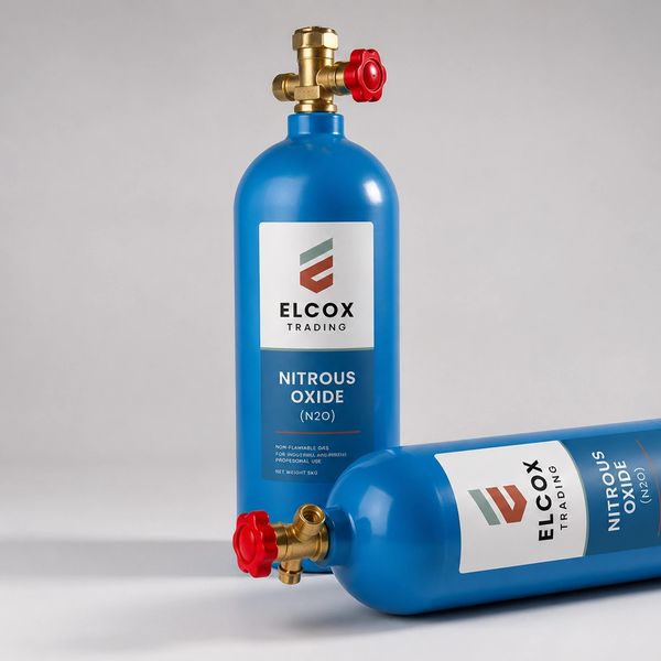Two blue nitrous oxide gas cylinders with red valves.