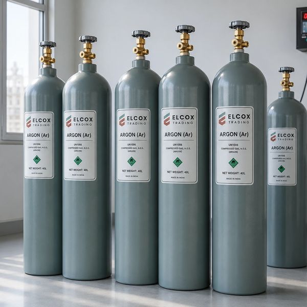 Six large argon gas cylinders in a row indoors.
