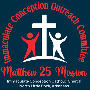 Logo of Immaculate Conception Outreach Committee with a cross and two figures.