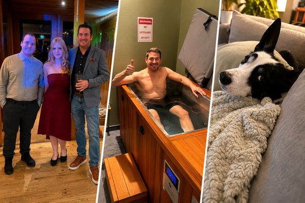 Three people posing indoors, a man relaxing in a hot tub, and a dog resting on a couch.
