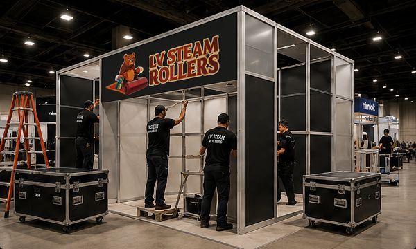 Workers assembling LV Steam Rollers booth at an indoor event.