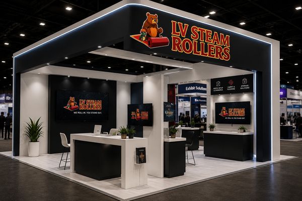 Modern LV Steam Rollers booth with bold signage and sleek black and white design at a trade show.
