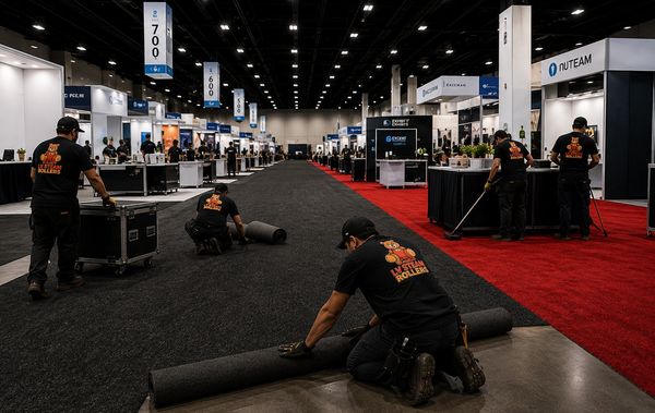 Workers laying carpet in an exhibition hall with booths.