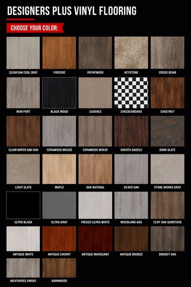 Vinyl flooring color options with wood and stone looks.