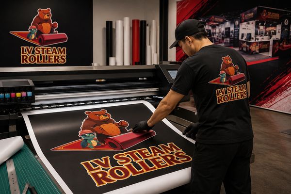 A man prints a large LV Steam Rollers logo with a bear and turtle mascot.