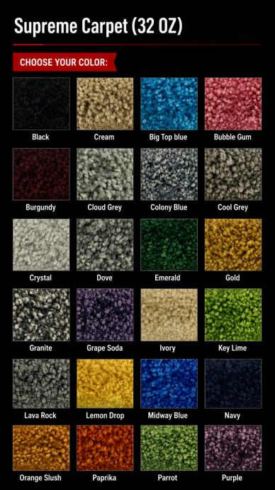 Color options for Supreme Carpet 32 OZ with 24 vibrant choices.