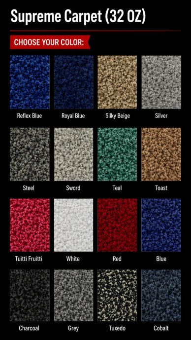 Color options for Supreme Carpet (32 oz) including blues, beige, silver, red, and more.