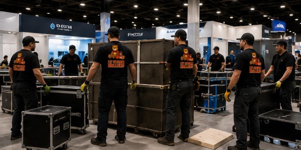 Workers setting up equipment cases at an event venue.